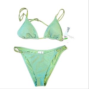 SANCTUARY SWIM Light Pastel Green Bikini Set Silver Sparkle Size L